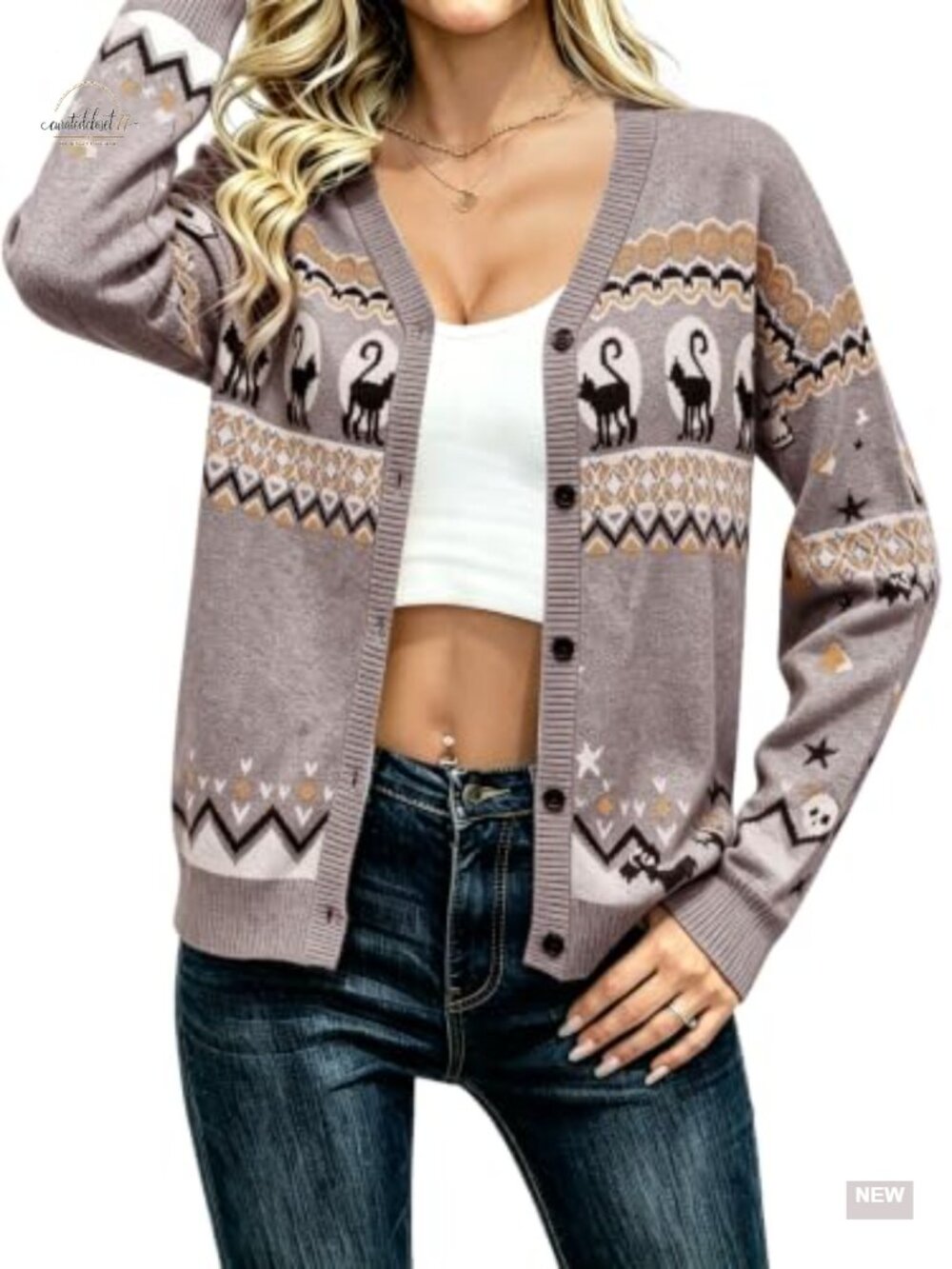 Knit Cat Cardigan Button Down V Neck Long Sleeve